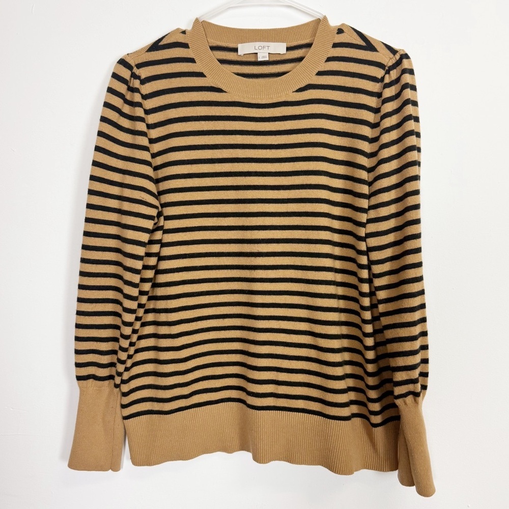 Loft Sweater Womens Large Black Tan Stripe Crewneck Thin Knit